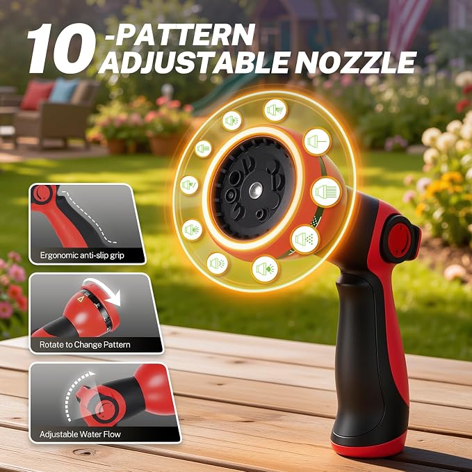 BILITOOLS Retractable Garden Hose Reel 1/2 in x 50 ft, Wall Mounted Water Hose Reel for Outside with Any Length Lock, Slow Auto Rewind Anti-Tangle System, 180° Swivel Bracket & 10-Pattern Spray Nozzle