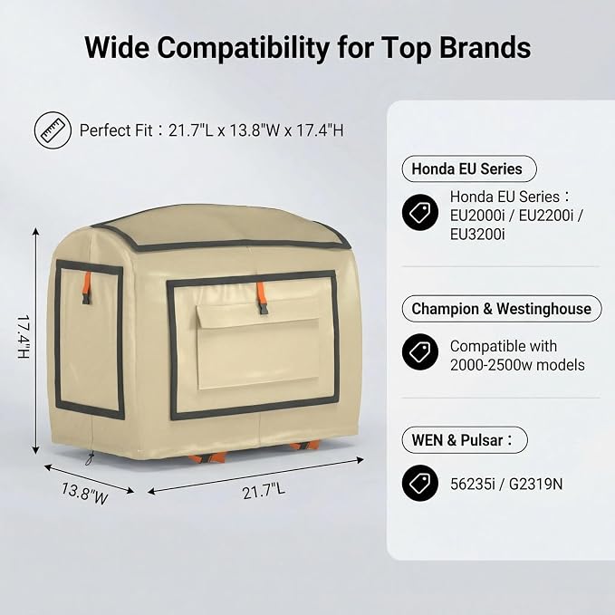 Generator Covers While Running, 21.7"L x 13.8"W x 17.4"H, Compatible With Honda EU3200i, EU2000i, Champion, Westinghouse 2200, WEN 56235i, and Pulsar G2319N Generators,Khaki
