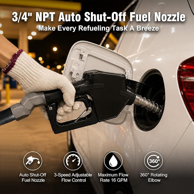 3/4" NPT Auto Shut-Off Fuel Nozzle, Gas Pump Nozzle with 3-Speed Padlock (9-16 GPM) - 360° Swivel Hose for Gasoline, Diesel, Biodiesel B20, E15 & Kerosene (BLACK)