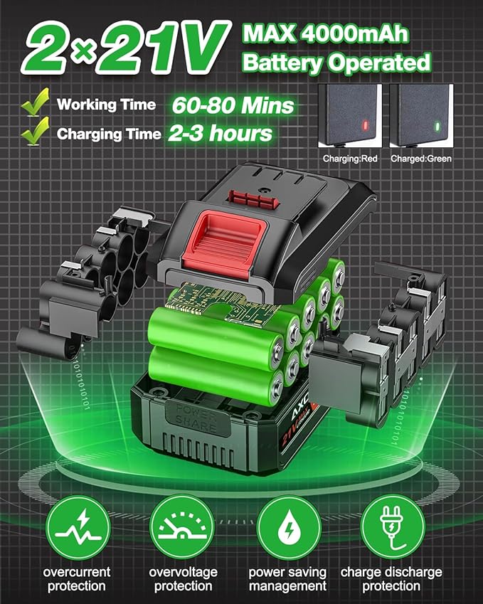 21V Weed Wacker Cordless, Electric Weed Eater Battery Powered | 2Pcs 4000mAh Batteries, 3 Types Blades, Lightweight Cordless Brush Cutter, Stringless Grass Trimmer, Green