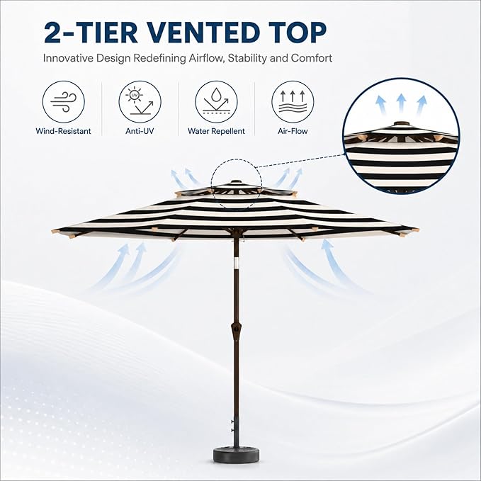 10FT Patio Umbrella, 2 Tier Outdoor Table Umbrella, Large Vented Market Umbrellas with Push Button Tilt and Crank, 8 Sturdy Ribs for Backyard, Deck, Pool, UPF50+ UV Protection