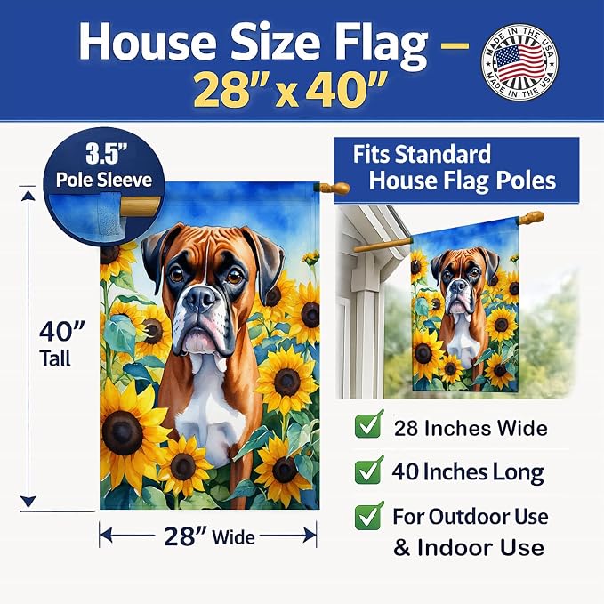 Caroline's Treasures DAC6037CHF Boxer in Sunflowers House Flag Large Porch Sleeve Pole Decorative Outside Yard Banner Artwork Wall Hanging, Polyester, House Size, Multicolor