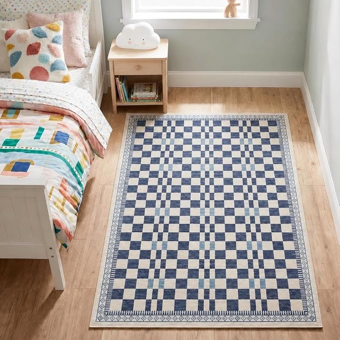 GarveeHome 3x5 Small Rug for Bedroom Machine Washable Blue Checkered Rug | Non-Slip Low Pile Modern Abstract Checkered Accent Mat for Porch Contemporary Premium Soft Area Rug for Living Room Dining