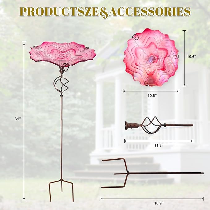 HONGLAND Bird Baths for Outside,12" Small Pink Glass Birdbaths Outdoor,Detachable Bird Feeder with Metal Stake for Garden Yard Patio Decor,32" Height