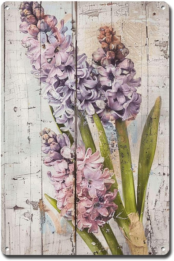Metal Sign Tin Sign Vintage Wall Art Shabby Chic Hyacinths Tin Sign for Spring Celebrations Rustic Bloom Displays and Distressed Wood Gardening Poster for Pub 8×12 Inches