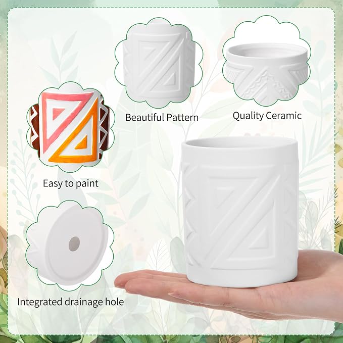 Zubebe 12 Pcs Paint Your Own Flower Ceramic Pots with Drainage Hole, 8 Style Bohemian Unfinished Succulent Pots Painting Kit Mini Paintable Vase for Summer Spring Classroom Craft Gift DIY Art Activity