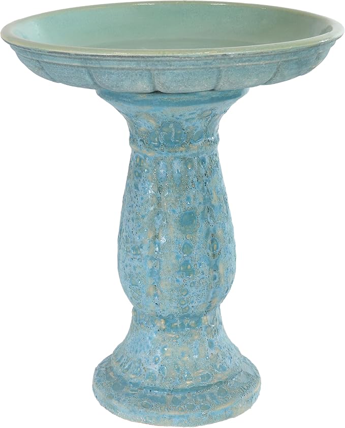 Sunnydaze Avignon Outdoor Ceramic Bird Bath - 18.75" H - UV- and Frost-Resistant - Glazed Bowl with Blue Lava Finish