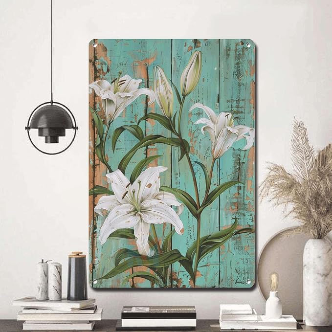 Metal Sign Tin Sign Vintage Wall Art Shabby Chic Lilies Tin Sign for Vintage Botanical Art Rustic Wall Panels and Distressed Wood Acce Boho Bedroom Decorations for Bar 8×12 Inches