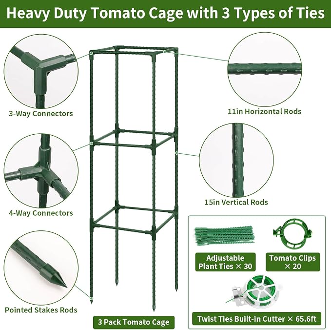 ROADPLUM 3 Pack 48" Tomato Cage for Garden, Heavy Duty Adjustable Plastic Coated Steel Pipe Tomato Stakes Trellis Plant Cages for Vegetable, Fruit, Flower, Rose Vine Climbing Plants