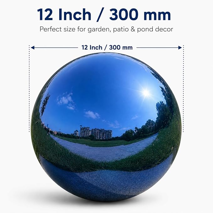 Gazing Ball Garden Mirror Outdoor - 12 Inch Outside Decorative Globe, Blue | Metal Polished Reflective Sphere, Stainless Steel Hollow Decoration Ornament for Home Pond Swimming Pool Housewarming Gift