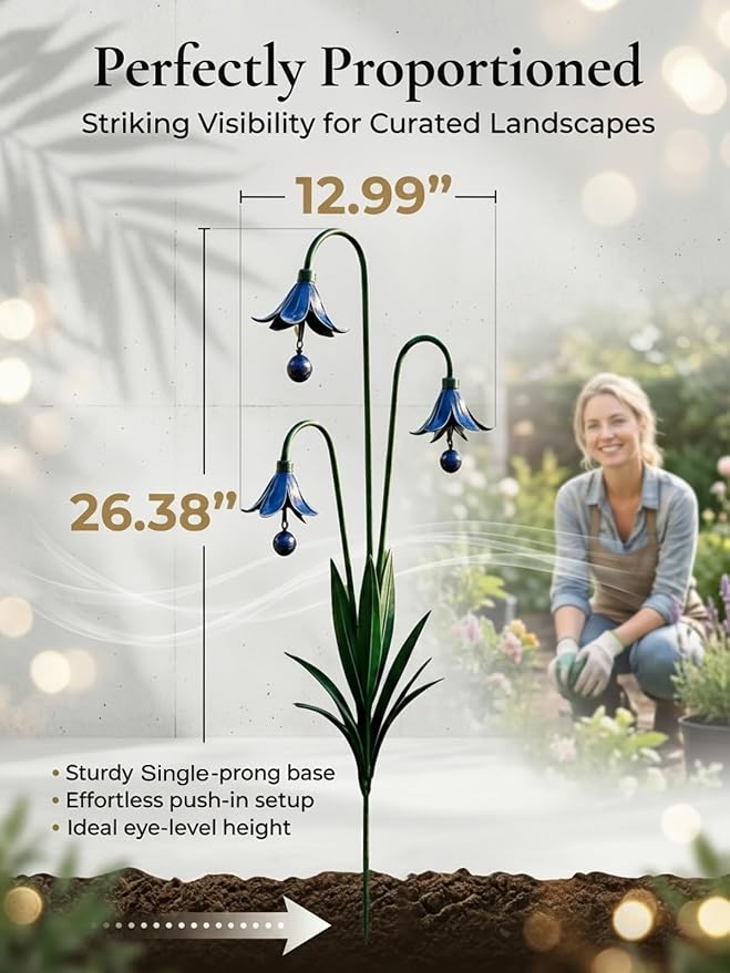 2026 New Triple Bluebell Garden Stake with Bells, Handmade 26inch Metal Rain Chimes Flower Plant Sculpture Yard Decorations Outdoor Rustic Wind Chime Ornament Gift for Walkways Patios Lawn