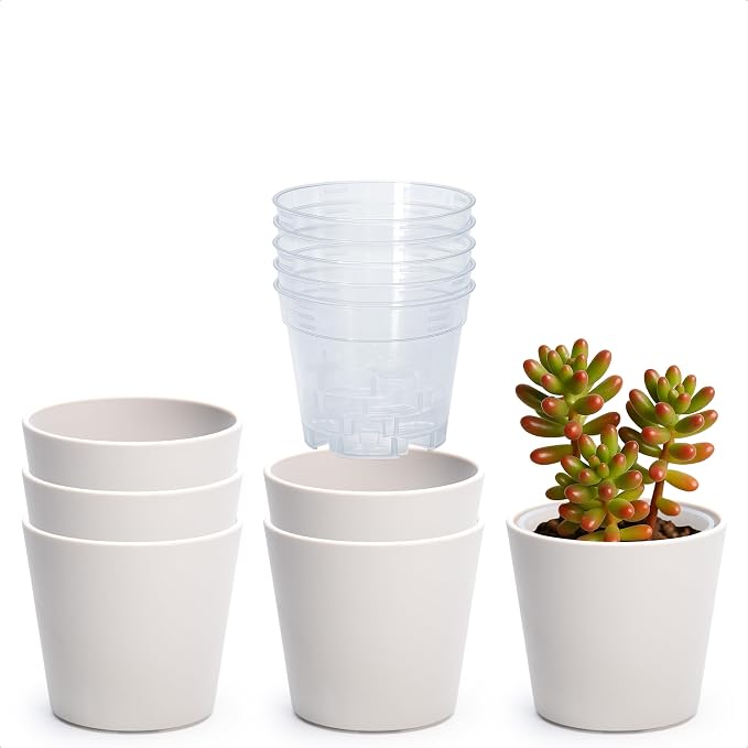 Phoenix Vine 4.5 Inch Oatmeal Plastic Cachepot with Clear Nursery Pot, Decorative Lightweight Planter Cover with Transparent Inner Pot for Indoor Houseplants, Pack of 6, 24-B-G-6
