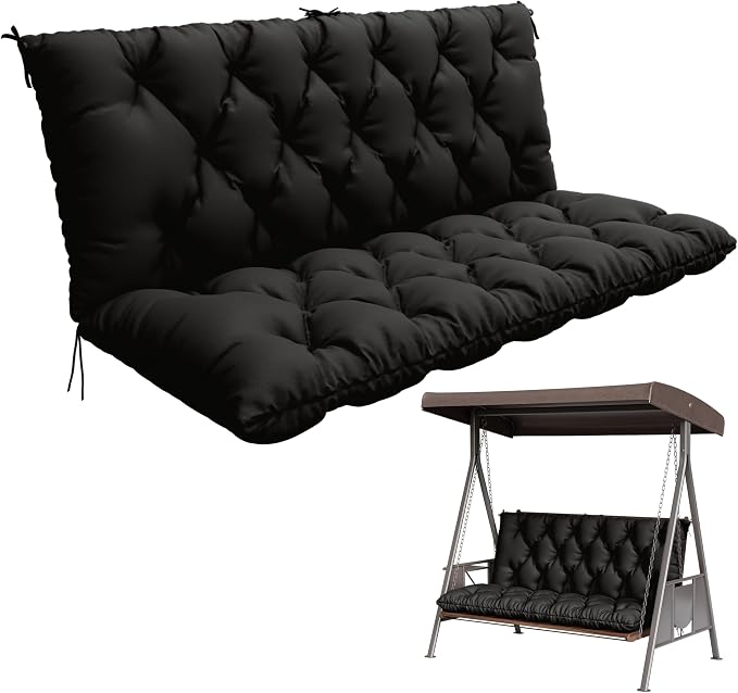 Porch Swing Cushion with Backrest,Waterproof Bench Cushion for Outdoor Furniture,2-3 Seater Replacement Thickened 5 in swing cushion,with Ties,Patio,Outdoor,Backyard and Garden (Black,60x40 in)