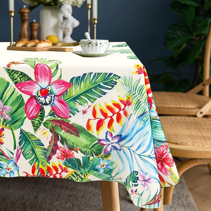 Outdoor Tablecloth with Umbrella Hole and Zipper, Rectangle Patio Table Covers for Spring/Summer, Machine Washable Outdoor Picnic Table Cloth (Tropical, 60" × 120" Rectangular)