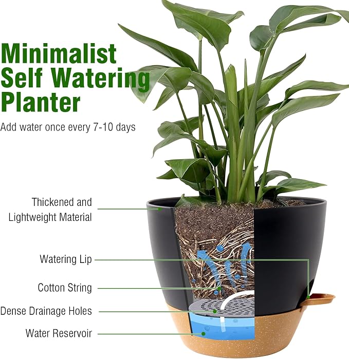 WSMKSZ 10/9/8 inch Medium Self Watering Pots, Planter, Plant Pots with Mesh Drainage Holes for Indoor Outdoor Garden Plants, Plastic Flower Pots with Removable Deep Reservoir, Black with Brown
