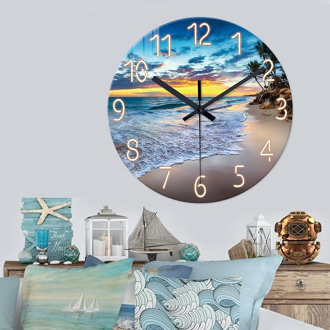 24 Inch Glass Large Wall Clocks for Living Room Decor | Palm Tree Battery Wall Clock Battery Operated Modern Coastal Blue Wall Clock Silent Non Ticking