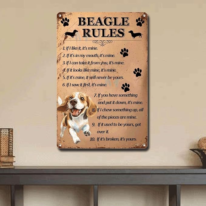 Metal Sign Tin Sign Vintage Wall Art Beagle Rules Tin Sig for Bar 12×16 Inches