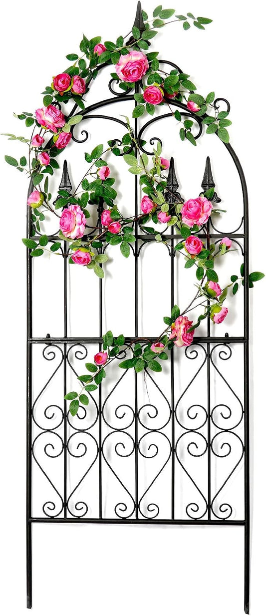 Trellis for Climbing Plants, 60" H x 21.7" W Heavy Duty Metal Trellis, 5FT Rustproof Black Iron Vine Support Trellis with Ground Stakes, Decorative Cupid Arrow Design for Roses, Vines