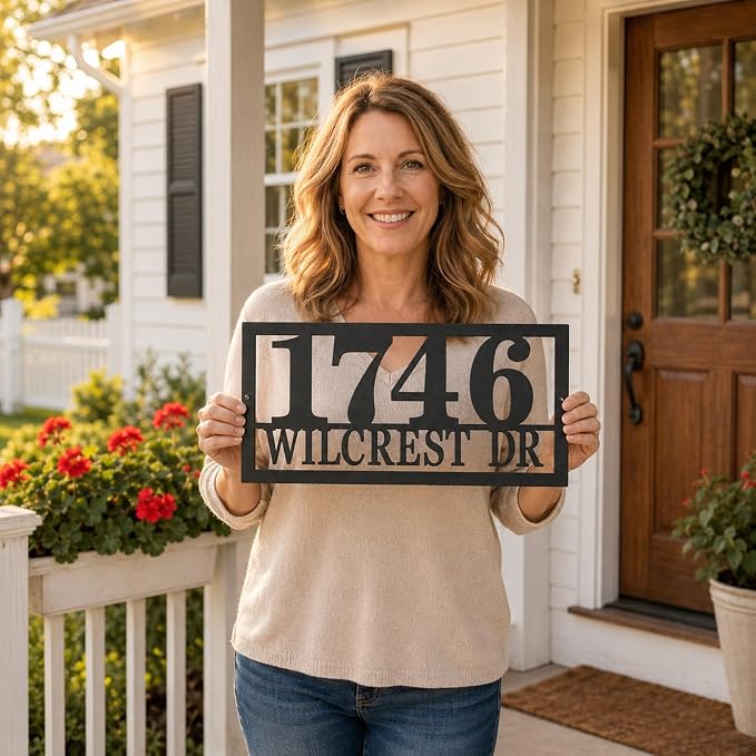 Custom Metal Address Sign Personalized House Number Plaque with Street Name for Outside Home Modern Black Address Numbers Sign for Front Porch Entryway Fence Gate Mailbox Wall Decor