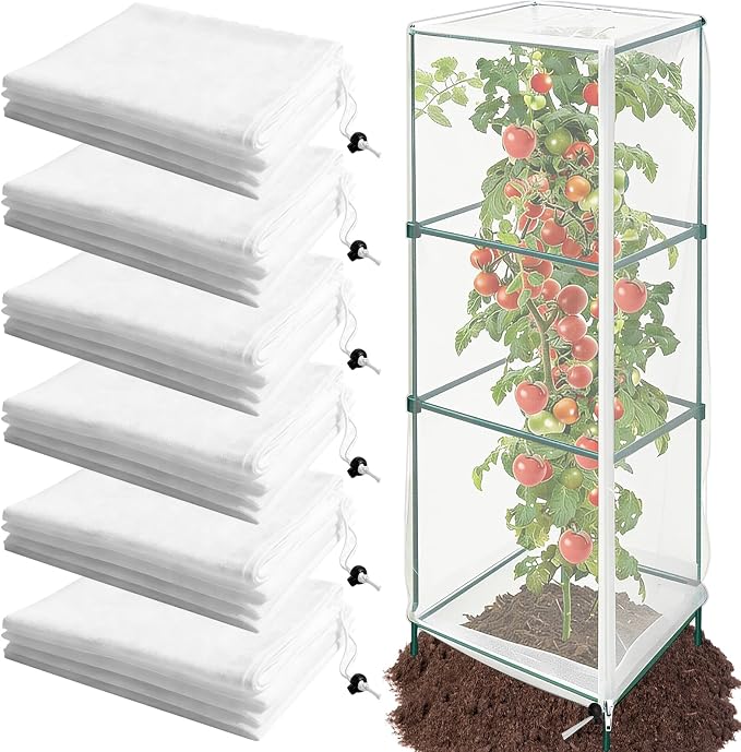 6 Pack Tomato Cage Netting Covers for Square Tomato Cages, 41.4" × 17.4" Fine Mesh Garden Netting with Easy-Access Zipper & Adjustable Drawstring, Durable Bird & Insect Barrier for Tomato Plants