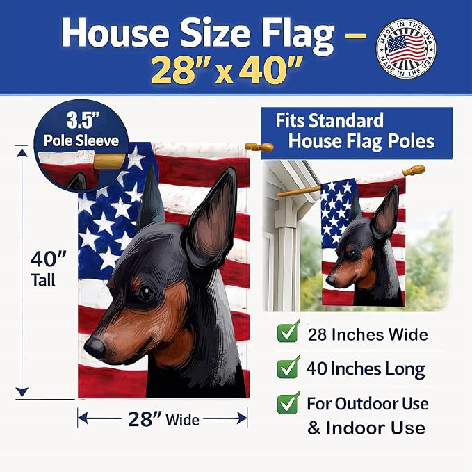 Caroline's Treasures CK6618CHF Miniature Pinscher Dog American Flag House Flag Large Porch Sleeve Pole Decorative Outside Yard Banner Artwork Wall Hanging, Polyester, House Size, Multicolor