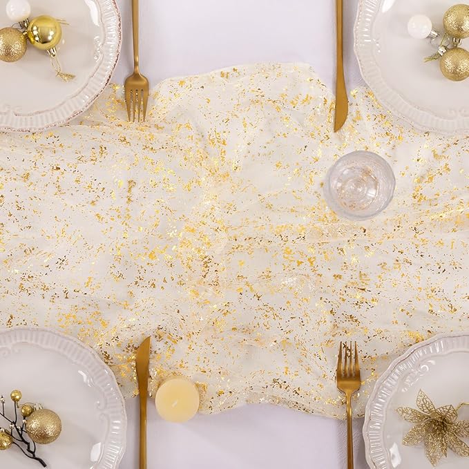 Socomi Gold Table Runner Gauze Tulle Sheer Glitter Metallic Foil Chiffon Cheesecloth Sequin 10FT Wedding Birthday Party Dining Anniversary Holiday Centerpiece Table Decor Beige 3pcs