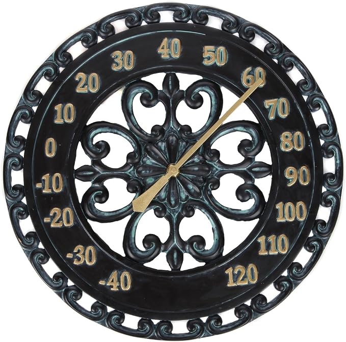 Lily's Home Hanging Verdigris Wall Dial Thermometer, Ideal for Indoor and Outdoor Use, Black (13 Inches)