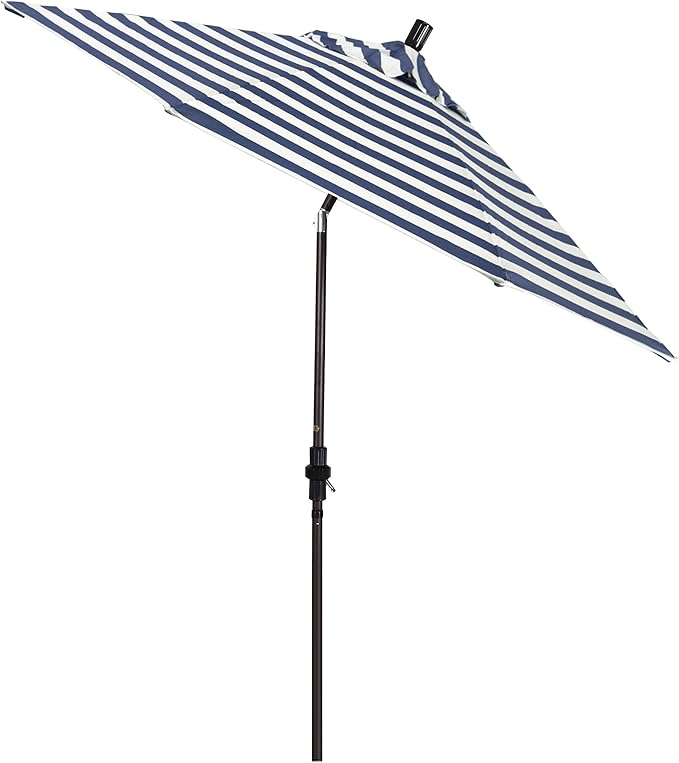 California Umbrella 9' Round Aluminum Patio Umbrella, Crank Lift, Collar Tilt, Bronze Pole, Navy/White Stripe Olefin