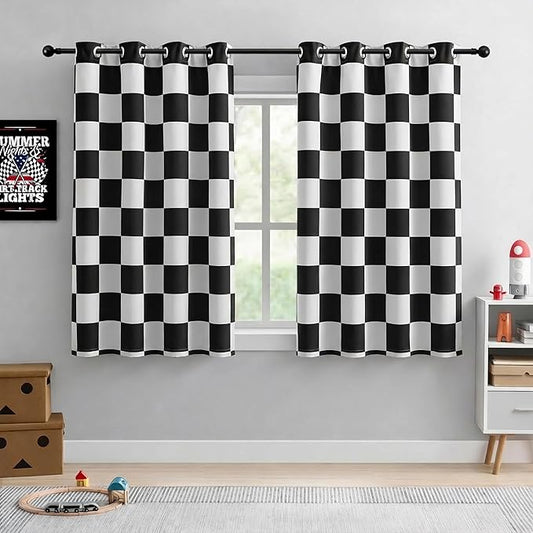 100% Blackout Curtains – Black and White Checkered Race Flag Pattern, 2 Panels, Each W52×L63, Thermal Insulated, Nosie Reducing for Bedroom, Living Room, Race car Drapes