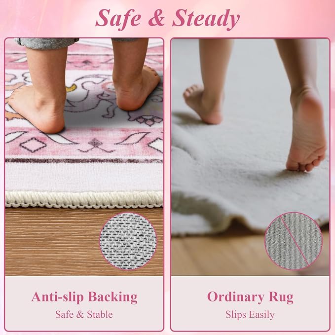 U'Artlines Boho Vintage Area Rug 8x10 Machine Washable Carpet, Pink | Low Pile, Non Slip, Ultra-Thin Soft Floor Carpet, Accent Rug for Living Room Bedroom Entryway Dining Room Office