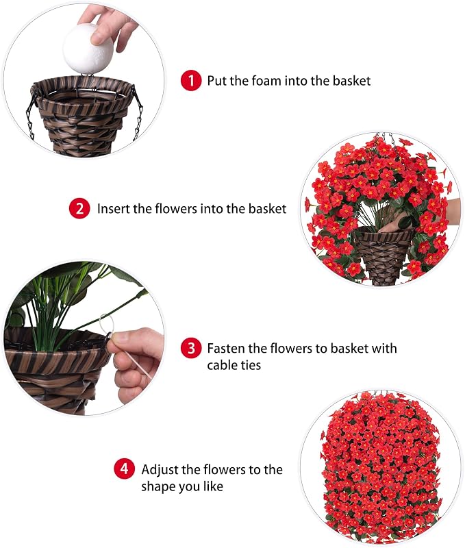 HyeFlora Artificial Fake Hanging Flowers Plants Basket for Outdoor Outside Spring Summer Decor, Faux Silk Red Daisy Flower Look Real UV Resistant Orchid Vine Plant for Porch Garden Yard Patio Home