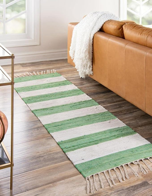 Unique Loom Chindi Rag Collection Area Rug - Striped (2' 2" x 10' Runner, Green and Ivory)