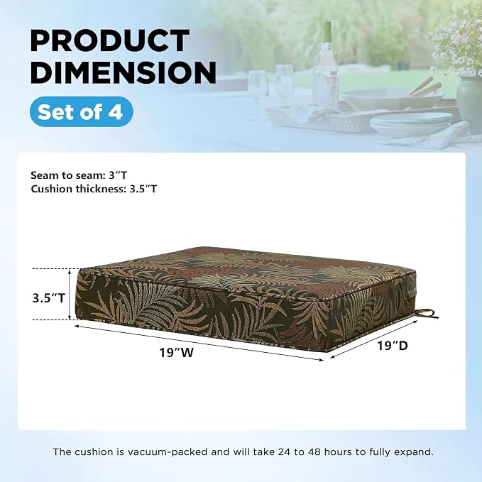 19 x 19 Inch Outdoor Chair Cushions with Tie Straps, Set of 4 Thick Water Repellent Square Patio Chair Pads for Garden Lawn Patio Furniture, Bamboo Leaf Jacquard