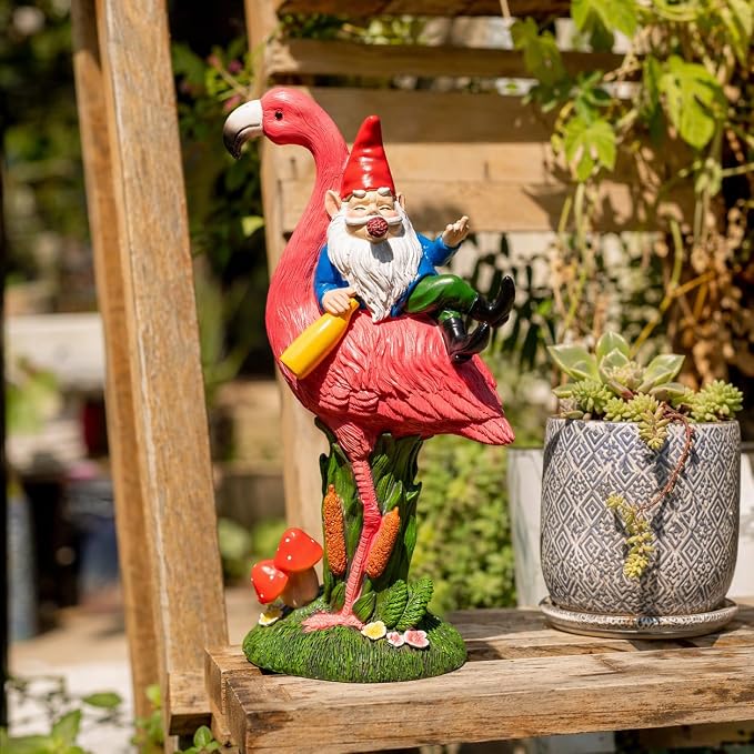 C&Y&G&X Middle Finger Gnome Riding Flamingo 13in, Funny Garden Statue Solar Powered Outdoor Yard Decor with LED Beer Bottle & Mushrooms, Waterproof Naughty Lawn Ornament Gag Gift for Patio, Porch