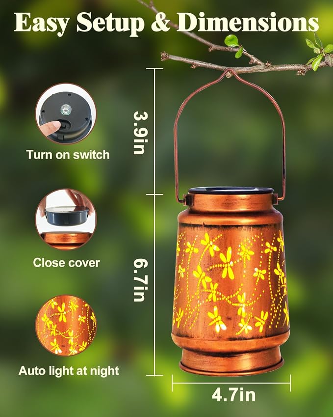 DIBIEECN 2 Pack Dragonfly Solar Lanterns Outdoor Waterproof, Garden Decor | Metal Hanging Lights, IP65 Waterproof, LED Decorative Lantern, Patio & Backyard, Birthday Gifts for Women, Mom & Grandma