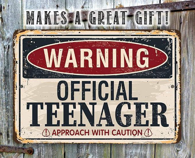 Warning Official Teenager Sign - Vintage Teenager Birthday Decoration for Boys, Great Party Favor and Teen Boys Gift Idea, 12x18 Use Indoors or Outdoors Durable Rustic Metal Sign
