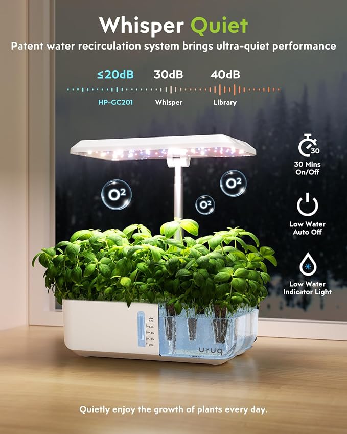 URUQ 12 Pods Hydroponic Growing System LED Grow Light Remote Control White | Quiet Water Pump, Automatic Timer, Height Adjustable for Fresh Herbs, Vegetables, Kitchen Gardening Gifts for Plant Lovers