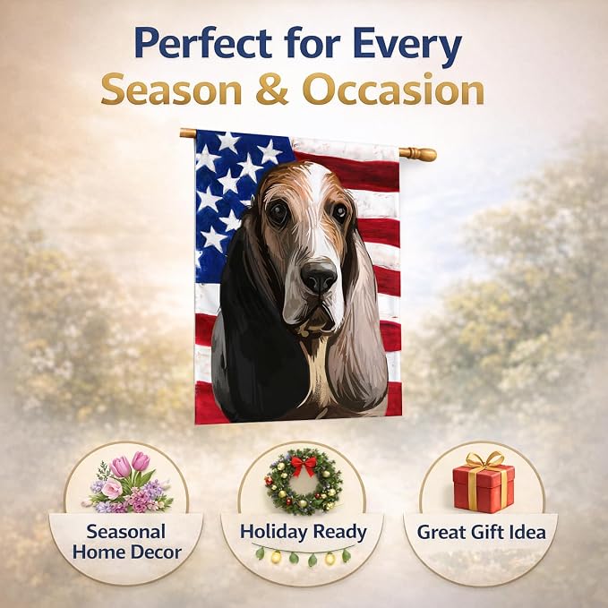 Caroline's Treasures CK6717CHF Southern Hound Dog American Flag House Flag Large Porch Sleeve Pole Decorative Outside Yard Banner Artwork Wall Hanging, Polyester, House Size, Multicolor