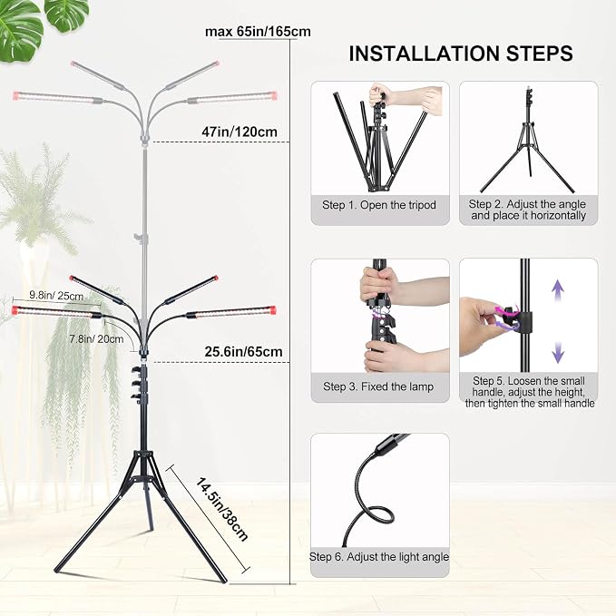 Grow Light with Stand and Timer 4,8,12,16,20 Hr, 36 Watt Standing Tall Plant Light for Bonsai Tree, Seed Starting, 24"-64" Adjustable Tripod Stand Plant Growing Lamps