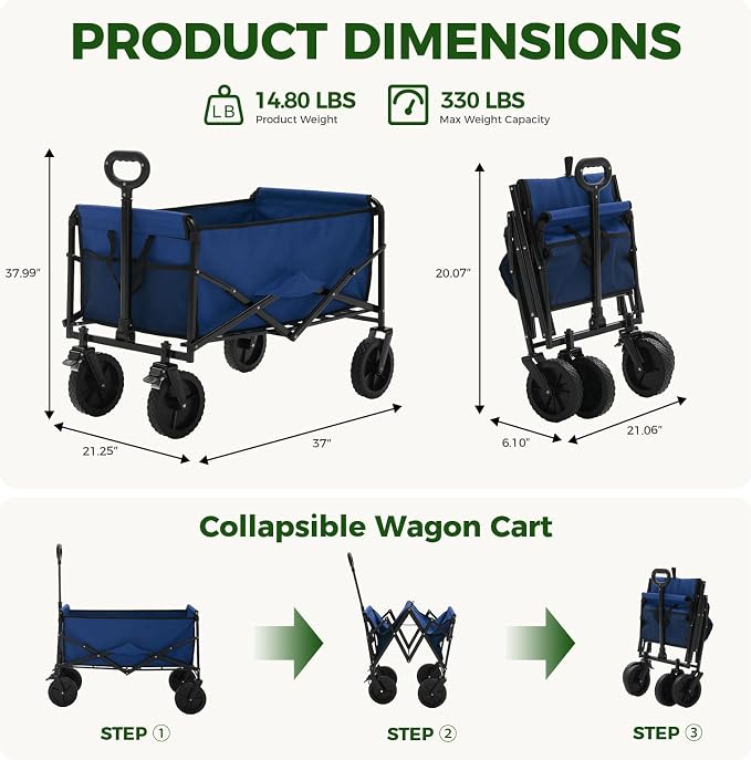 OLIXIS Collapsible Wagon 102L Standard Heavy Duty Utility Folding Wagon Cart with Lockable Brake Wheels – 330 lbs Weight Capacity, Flexible Handle for Beach, Grocery, Camping, Sports & Garden, Blue