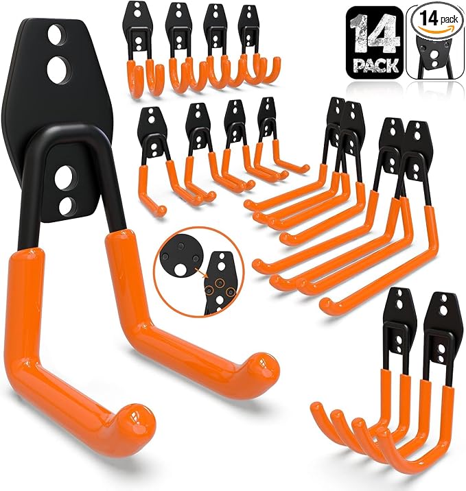 3-H Heavy Duty Garage Hooks, 14 Pack Wall Storage Organizer,Orange