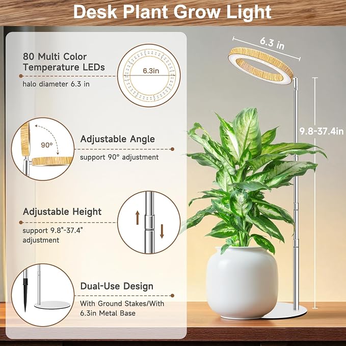 Aokrean Grow Light, Full Spectrum 6.3in Halo Growing Lamp with Metal Base | 80 LEDs Wood Grain 1-Pack, 2 Installation Ways, 9.8-37.4 in Height Adjustable, 3 Lighting Modes, 6/12/16Hrs, 5 Brightness