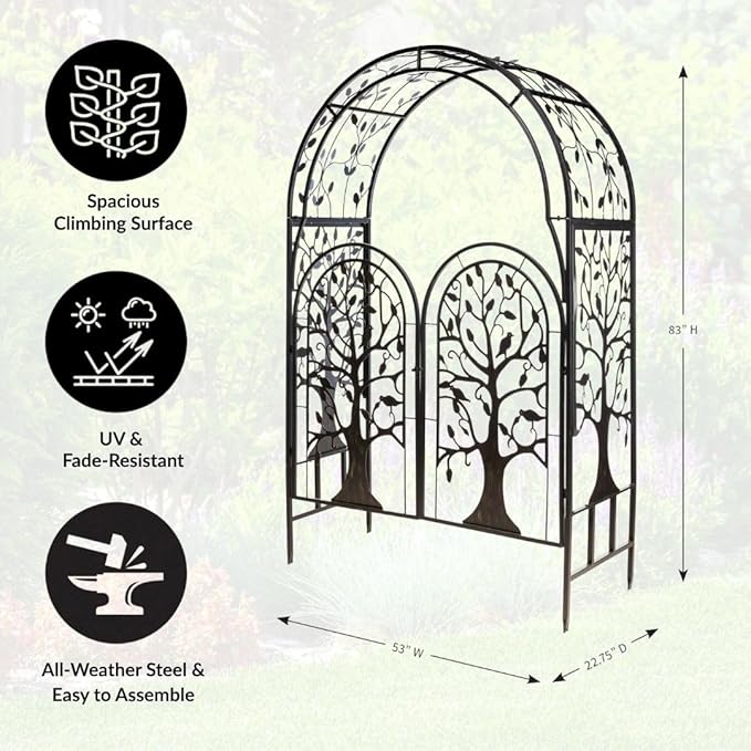Plow & Hearth Metal Tree of Life Arched Garden Arbor with Gate | 7 feet Tall Laser-Cut Design | Plant Support for Heavy Vines | Landscape Focal Point | Iron Steel