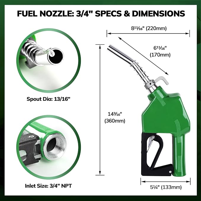 3/4" Green NPT Fuel Transfer Nozzle Kit, High Flow Auto Shut-Off Fuel Nozzle with 360° Hose Swivel, Suitable for Diesel, Gasoline, Kerosene (13/16" Spout, 3 Gear Padlock, 16 GPM)