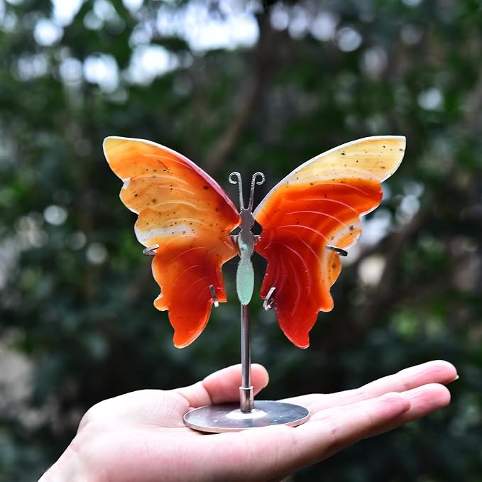 JIC Gem Natural Red Agate Crystal Butterfly Red Healing Gemstone Art Wings Carving Craft with Display Stand Decoration Reiki Chakra Balance (1pair, 10cm)