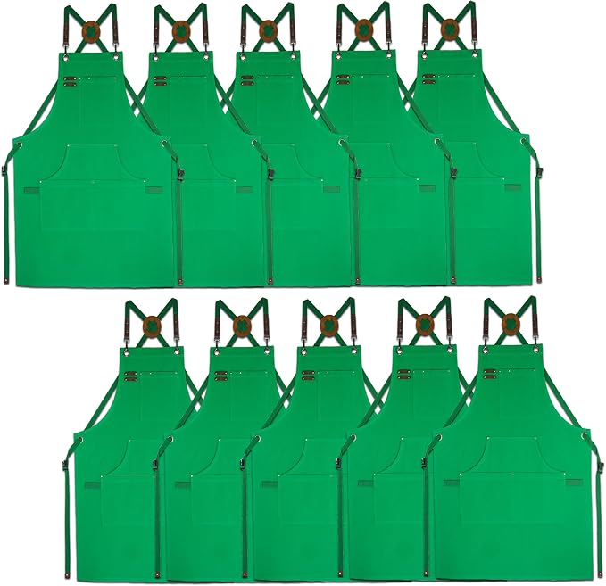10 Pack Kitchen Apron, Work Apron, Canvas Apron, Green | Multiple Pockets, Gardening, Painting, BBQ, Artist, Carpenter, Sizes M to XXL