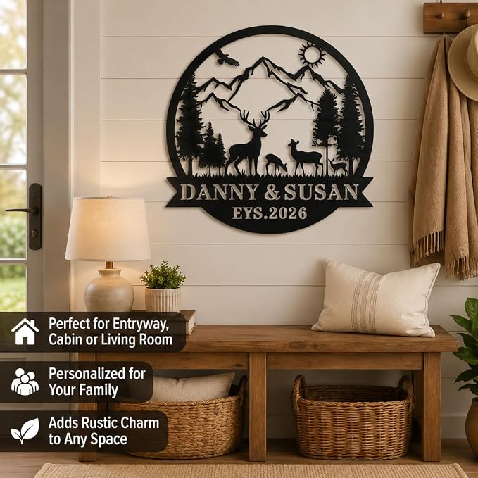 Personalized Deer Mountain Metal Sign Custom Family Name Wall Decor Rustic Cabin Outdoor Yard Art Wedding Anniversary Sign Gift