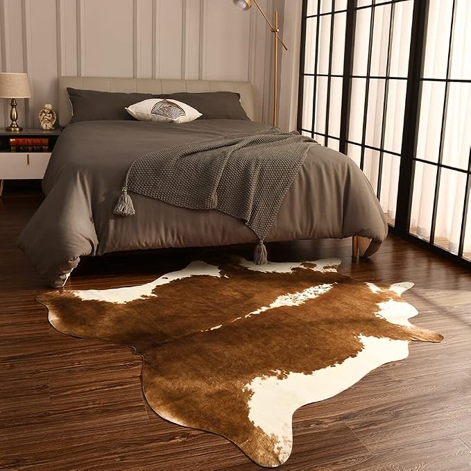 BENRON Faux Cowhide Rug, Cow Print Rug for Living Room Bedroom 4.6x5.2ft | Western cow hide rug for Cowboy Cowgirl Home Decor, Washable Rugs with Irregular Animal Skins and Hides Non Slip, Khaki Brown