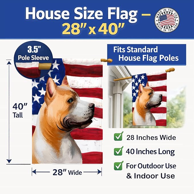 Caroline's Treasures CK6401CHF American Pit Bull Terrier American Flag House Flag Large Porch Sleeve Pole Decorative Outside Yard Banner Artwork Wall Hanging, Polyester, House Size, Multicolor