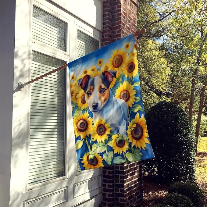 Caroline's Treasures DAC6102CHF Jack Russell Terrier in Sunflowers House Flag Large Porch Sleeve Pole Decorative Outside Yard Banner Artwork Wall Hanging, Polyester, House Size, Multicolor